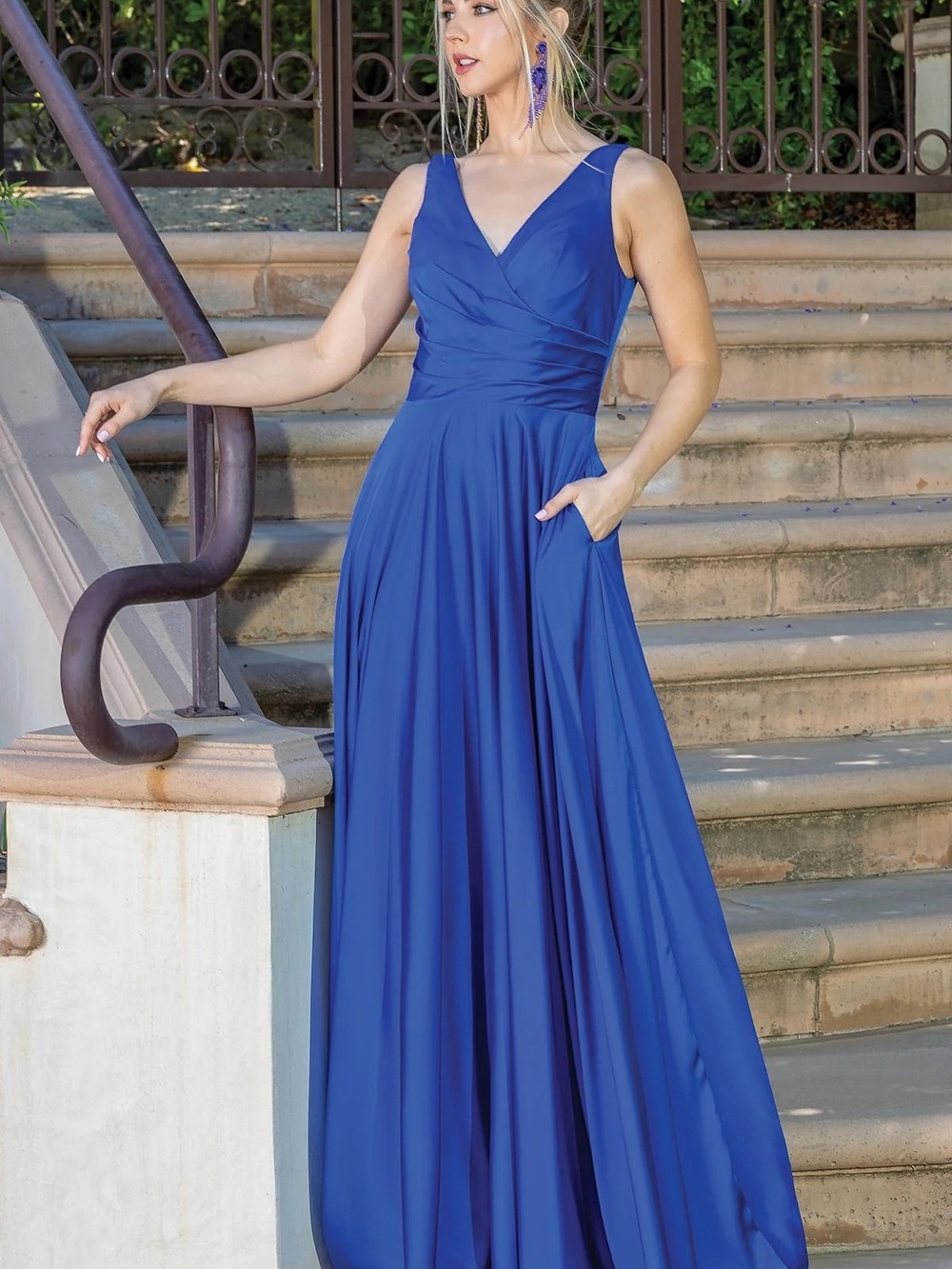 Royal Blue V-Neck Maxi Dress with Pockets